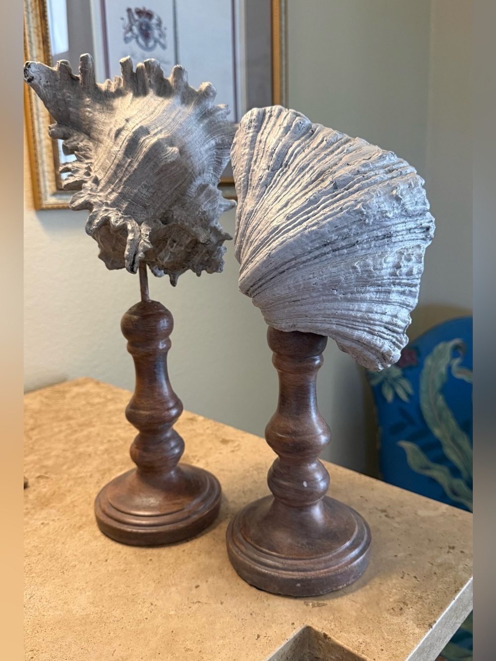 Vintage Seashell Sculpture on Pedestal Stand - Set of 2
